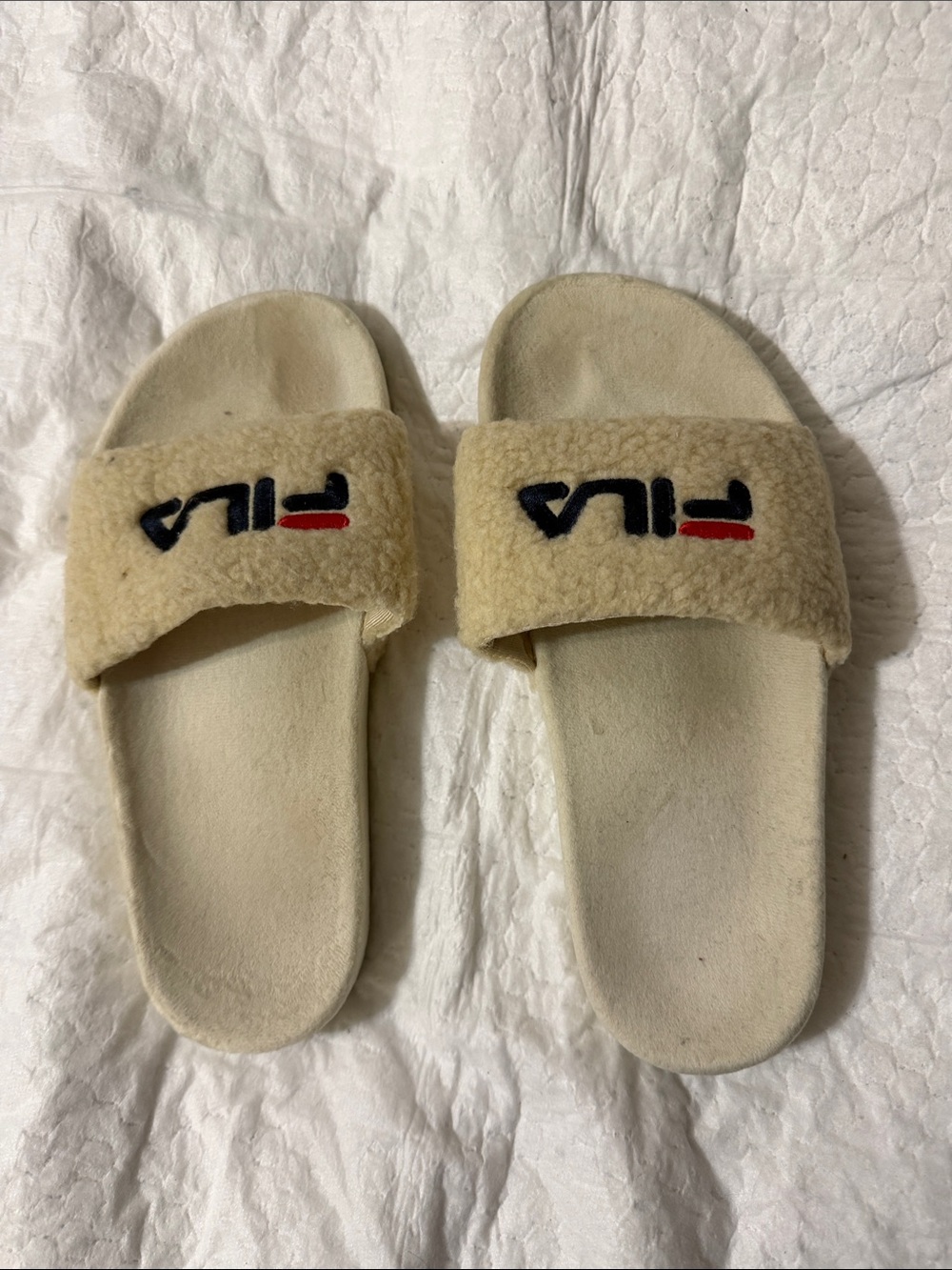 Fila Cream Shearling Logo Slide Sandals with Navy and Red Accent